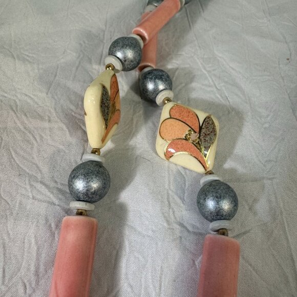 Vintage Handmade porcelain & bead Necklace With Floral Pendant From Japan - Picture 11 of 11